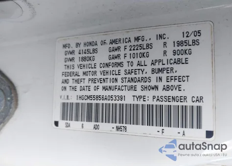 2006 Honda Accord 2.4 Ex from USA, damaged, VIN 1HGCM55856A053391